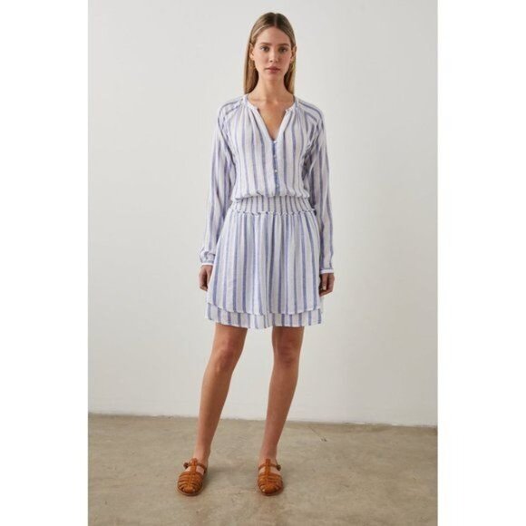 RAILS Jasmine Stripe Smocked Waist Long Sleeve Linen Blend Dress Size M - Picture 2 of 8